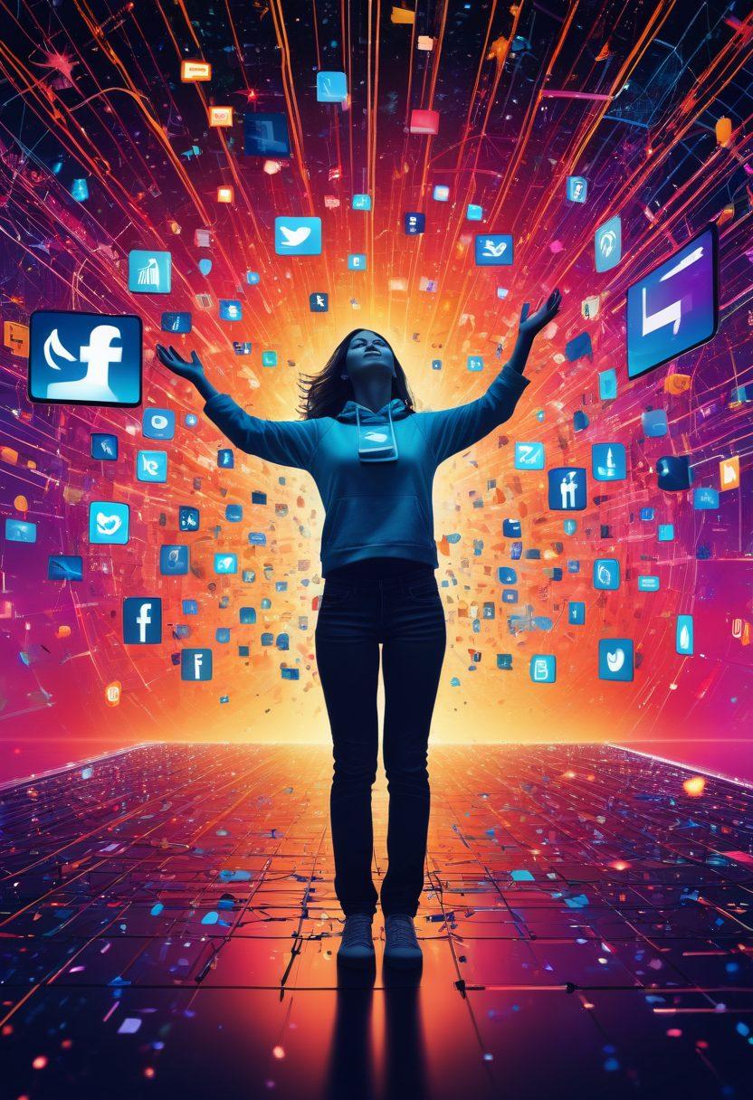 A vibrant illustration of a person breaking free from digital chains, surrounded by glowing screens displaying various social media icons and websites, depicting the concept of overcoming internet restrictions. The background features a bright, digitally-rendered landscape filled with symbols of global connectivity like satellites and cloud networks. Emphasize a sense of liberation and empowerment. colorful digital art. high contrast.