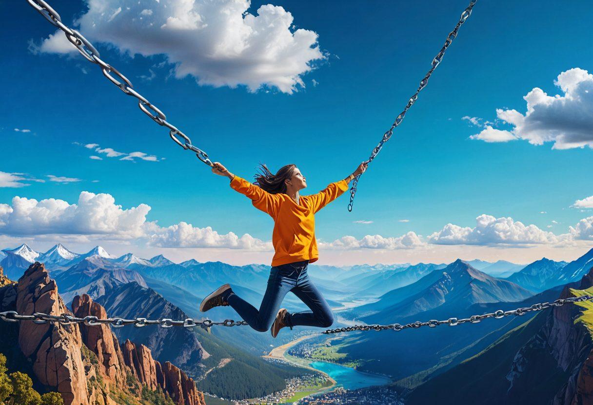 A person breaking free from digital chains, symbolizing freedom from internet restrictions. The background features a vibrant landscape of open skies and mountains, representing limitless possibilities. Include floating icons of popular blocked websites around the chains, dissolving into pixels. Use a bright and uplifting color palette to evoke a sense of liberation. super-realistic. vibrant colors. 3D.