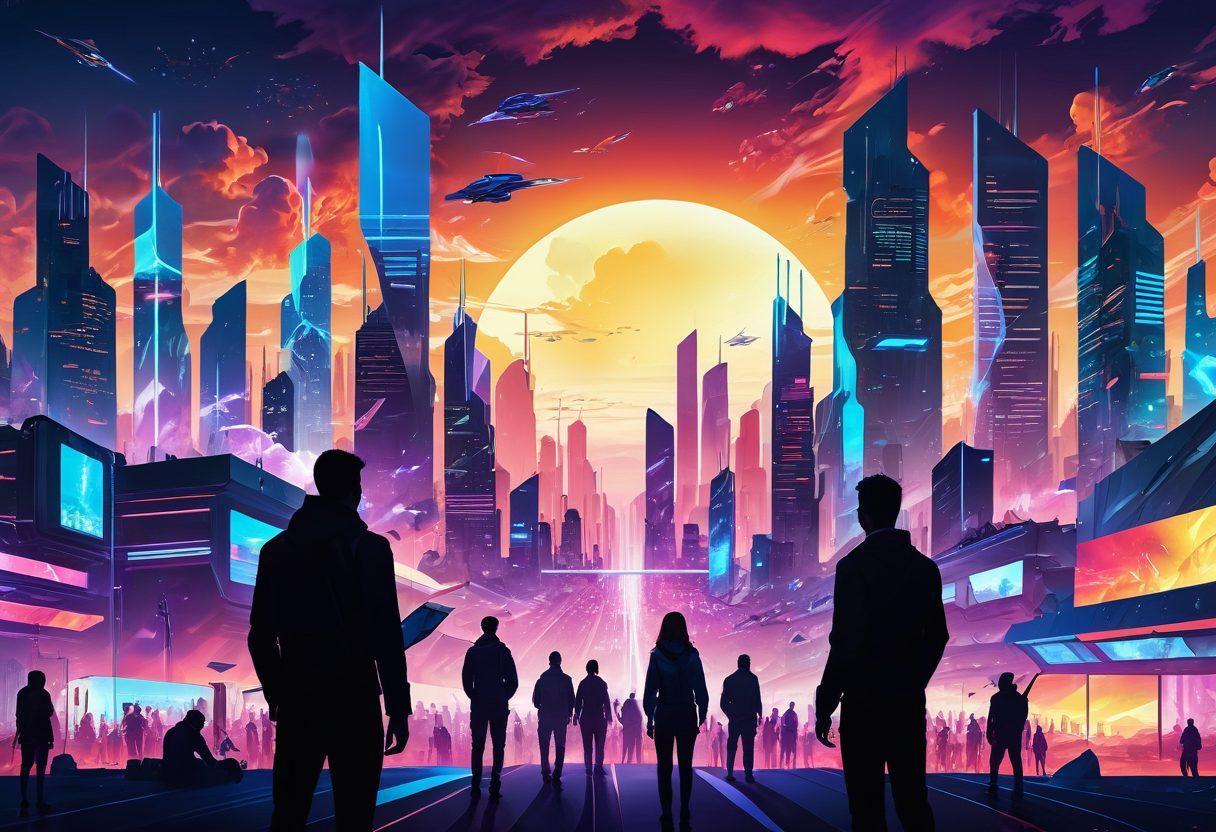 An imaginative digital landscape featuring a futuristic city with translucent walls symbolizing transparency. In the foreground, a diverse group of people with devices in hand, illuminated by glowing screens, showcasing tools for censorship circumvention. Background displays a sunrise breaking through dark clouds, representing hope and freedom. Visually engaging with bright, vibrant hues and a blend of technology and human connection. vector art. vibrant colors. futuristic theme.